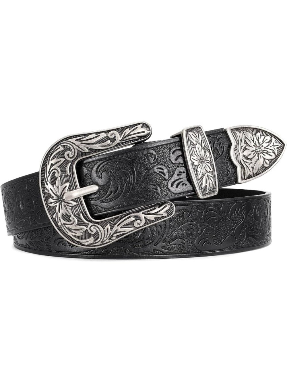 Women's K-Black Leather Belts Vintage Western Design Silver Buckle Waist Belt